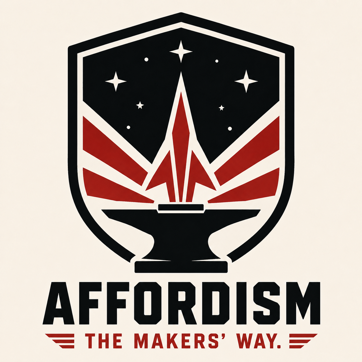 Affordism emblem: anvil, rising craft, stars, and The Makers’ Way.